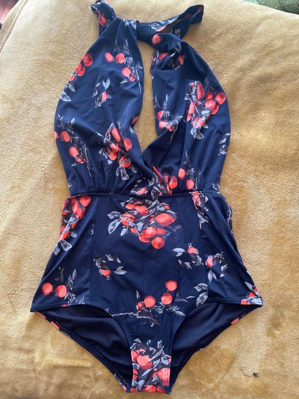 COCOSHIP Navy Halter One-Piece Swimsuit with Red Cherry Print